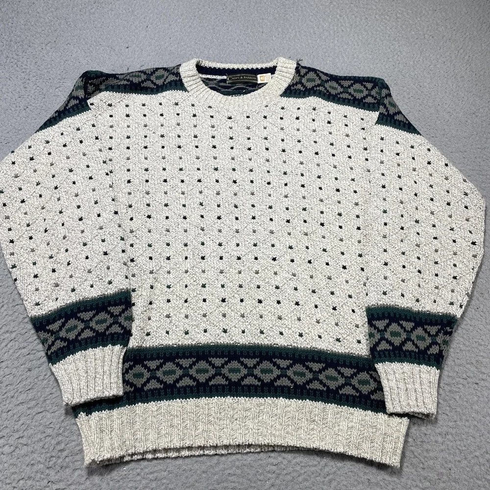 Croft & Barrow Sweater Mens‎ Large White Cotton Fair Isle Knit Crewneck Pullover